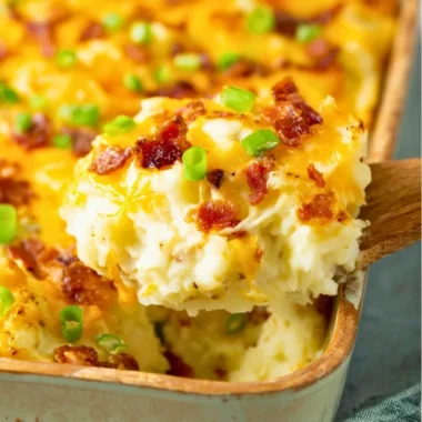 Delicious Twice Baked Potato Casserole served in a dish