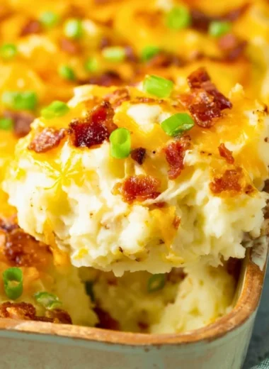 Delicious Twice Baked Potato Casserole served in a dish