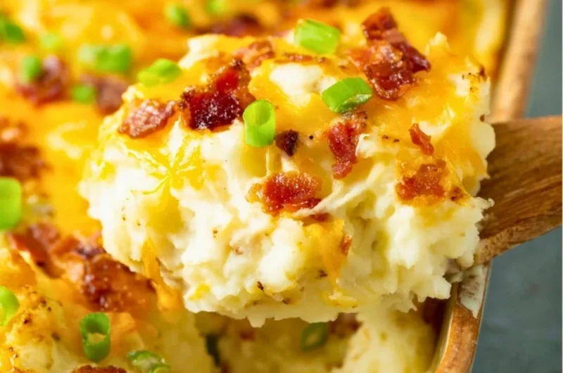 Delicious Twice Baked Potato Casserole served in a dish