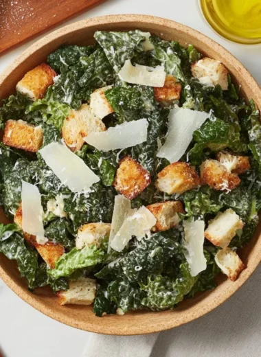 5-Ingredient Kale Caesar Salad with dressing and toppings