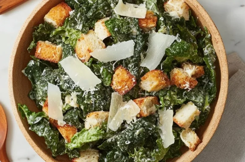 5-Ingredient Kale Caesar Salad with dressing and toppings