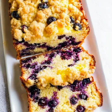 Homemade blueberry and lemon loaf garnished with fresh berries.