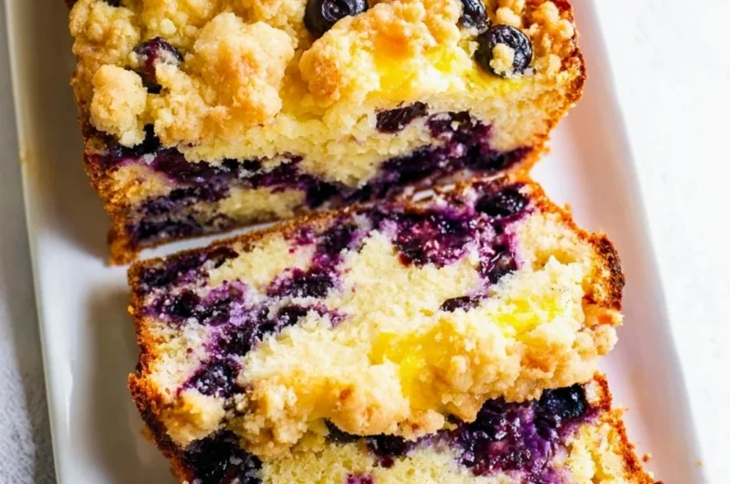 Homemade blueberry and lemon loaf garnished with fresh berries.
