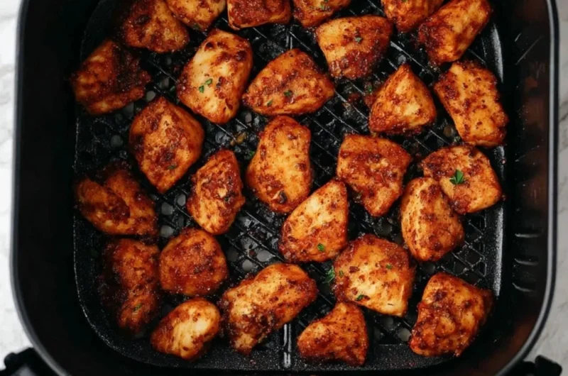 Crispy air fryer chicken bites served in a bowl with dipping sauce