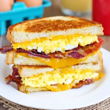 Bacon and Egg Grilled Cheese Sandwich with melted cheese and crispy bacon