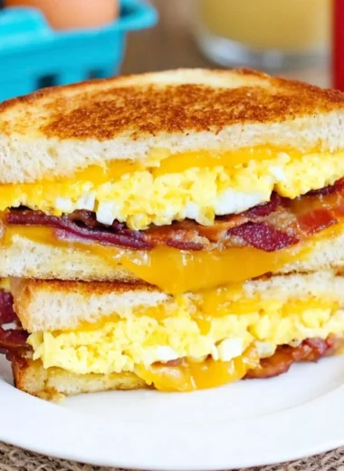Bacon and Egg Grilled Cheese Sandwich with melted cheese and crispy bacon