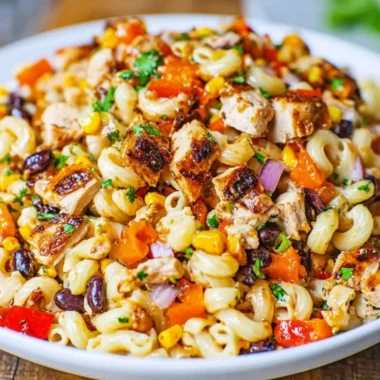 BBQ Chicken Pasta Salad with BBQ mayonnaise, corn, peppers, black beans, and chicken.