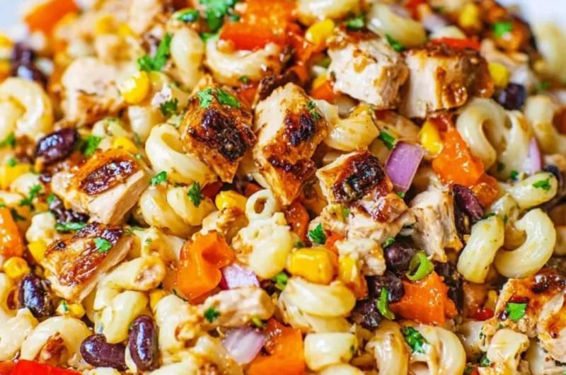 BBQ Chicken Pasta Salad with BBQ mayonnaise, corn, peppers, black beans, and chicken.