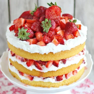 Delicious strawberry shortcake cake topped with fresh strawberries and whipped cream