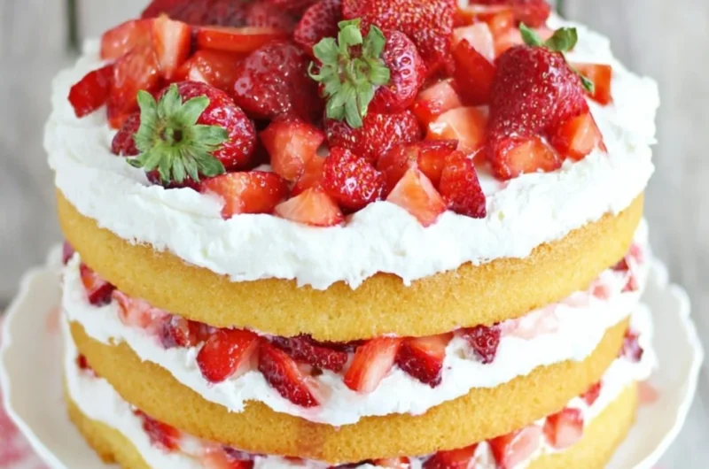 Delicious strawberry shortcake cake topped with fresh strawberries and whipped cream