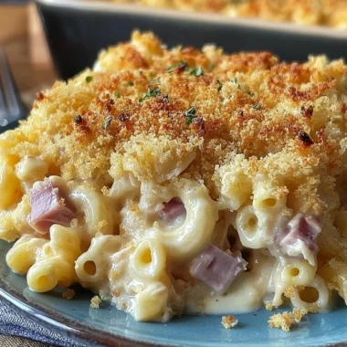 Delicious Chicken Cordon Bleu Casserole topped with cheese and breadcrumbs