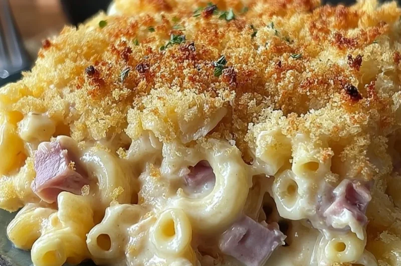 Delicious Chicken Cordon Bleu Casserole topped with cheese and breadcrumbs