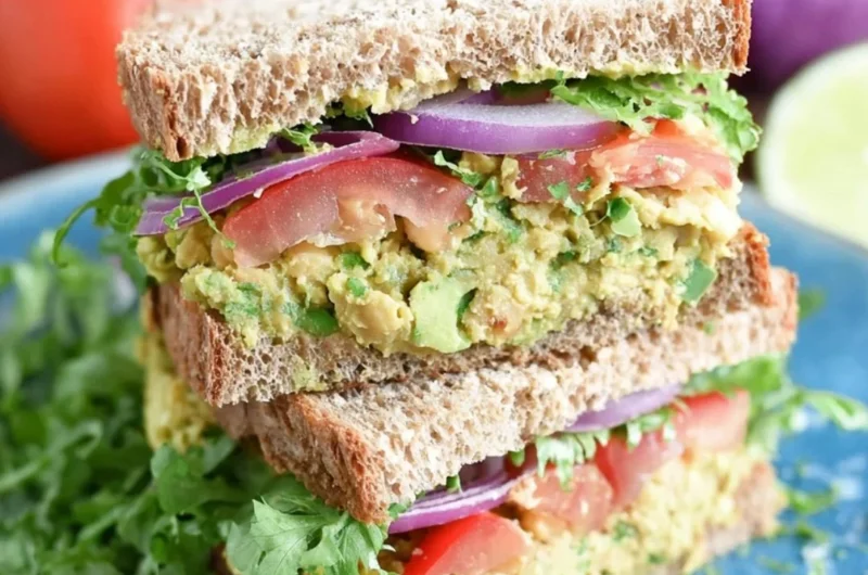 Chickpea avocado sandwich with fresh ingredients on a cutting board