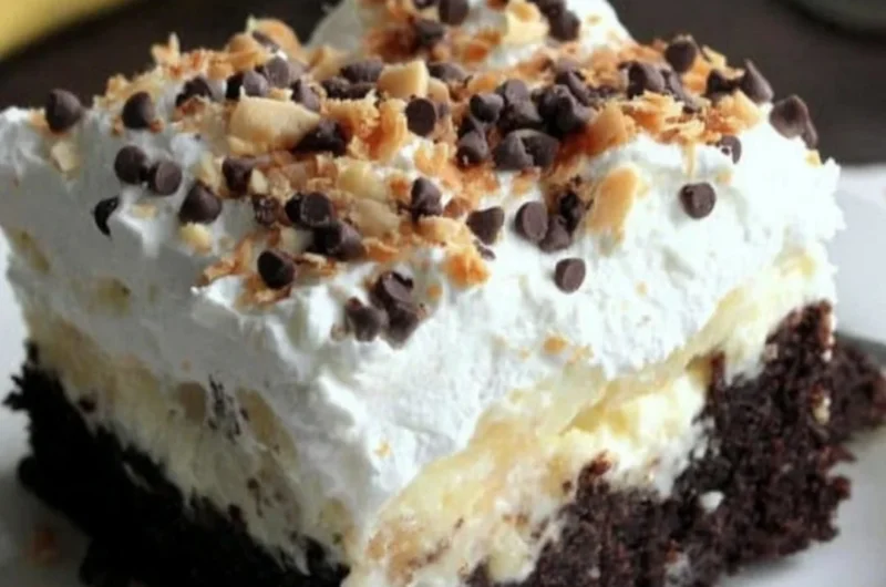 Delicious Chocolate Banana Poke Cake topped with chocolate and banana slices