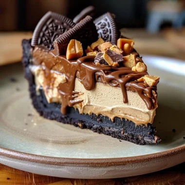 Delicious Chocolate Peanut Butter Pie topped with chocolate ganache and peanut butter cream