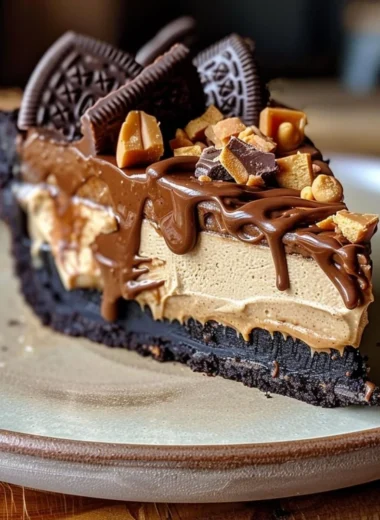Delicious Chocolate Peanut Butter Pie topped with chocolate ganache and peanut butter cream