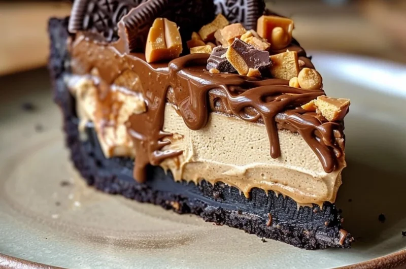 Delicious Chocolate Peanut Butter Pie topped with chocolate ganache and peanut butter cream