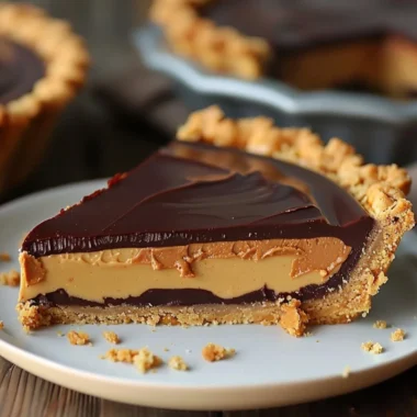 Delicious Chocolate Peanut Butter Pie slice topped with whipped cream