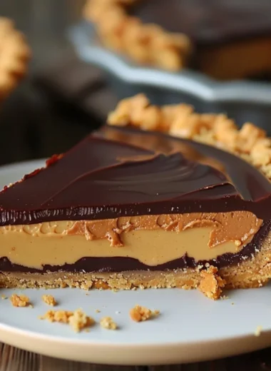 Delicious Chocolate Peanut Butter Pie slice topped with whipped cream