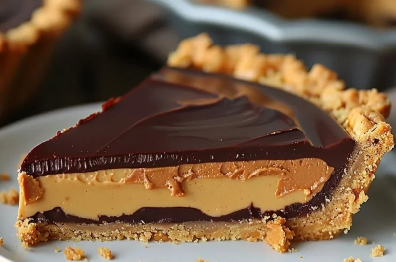 Delicious Chocolate Peanut Butter Pie slice topped with whipped cream