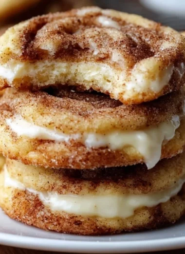 Delicious Cinnamon Roll Cheesecake Cookies stacked on a plate.