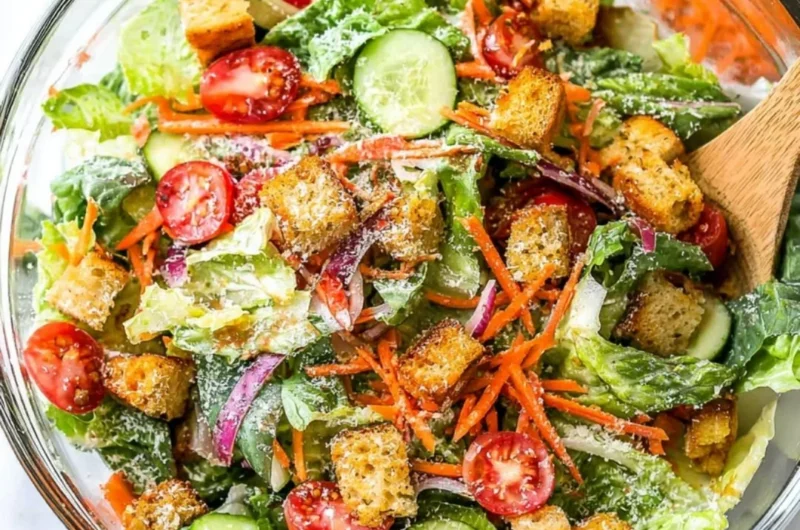 Fresh classic house salad with mixed greens, tomatoes, and cucumbers.