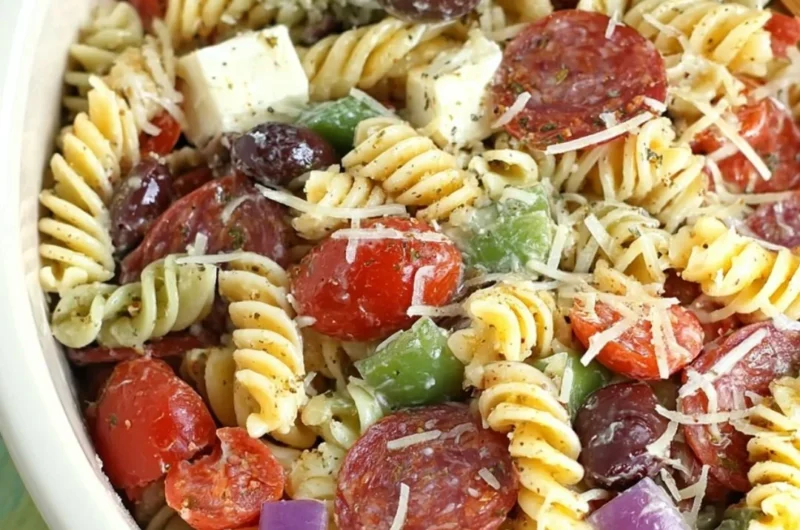 Classic Pasta Salad with fresh vegetables and dressing in a bowl