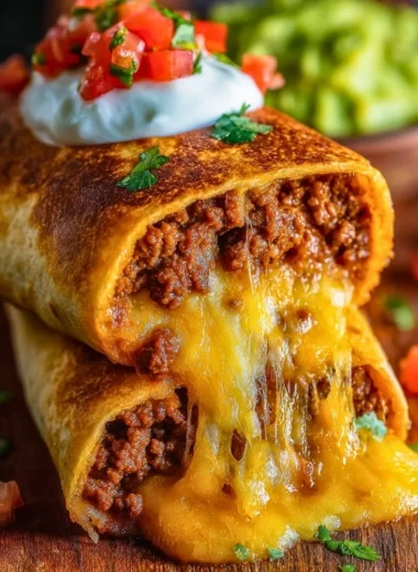 Delicious beef chimichangas with cheese served on a plate