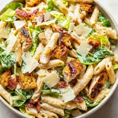 Cozy Chicken Caesar Pasta Salad with chicken, pasta, and Caesar dressing