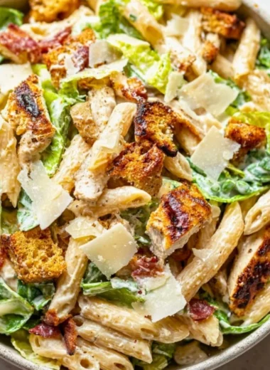 Cozy Chicken Caesar Pasta Salad with chicken, pasta, and Caesar dressing