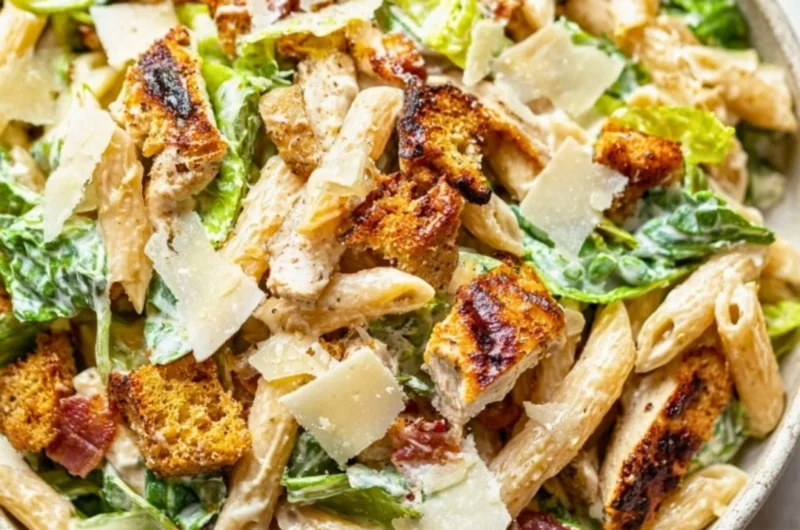 Cozy Chicken Caesar Pasta Salad with chicken, pasta, and Caesar dressing