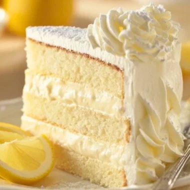 Delicious slice of Cheesecake Factory Italian lemon cream cake on a plate