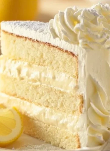 Delicious slice of Cheesecake Factory Italian lemon cream cake on a plate