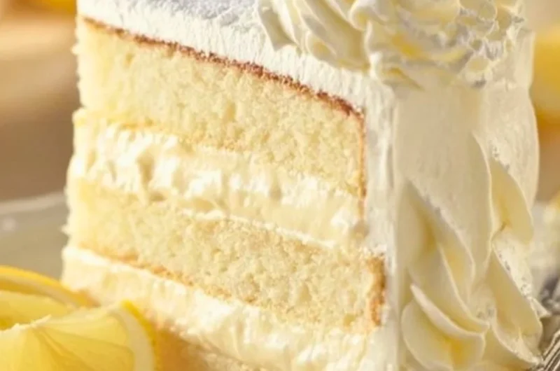 Delicious slice of Cheesecake Factory Italian lemon cream cake on a plate