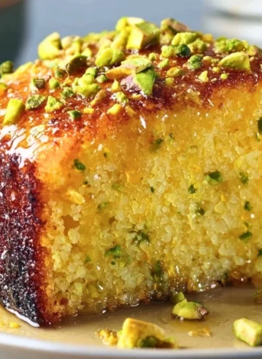 Cozy lemon pistachio cake topped with vibrant lemon zest and crushed pistachios