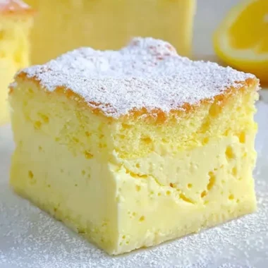 Cozy Magic Lemon Custard Cake with a slice on a plate