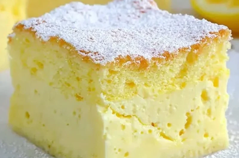 Cozy Magic Lemon Custard Cake with a slice on a plate