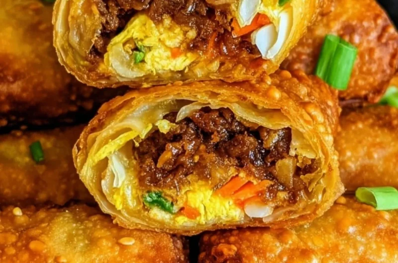 Crispy golden brown egg rolls ready to be served as a delicious appetizer.