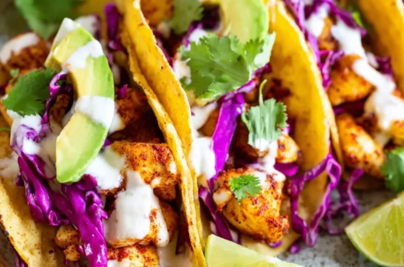 Delicious fish tacos served with fresh toppings and sauces