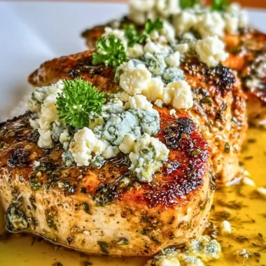 Plate of Greek chicken with lemon and feta served with herbs.