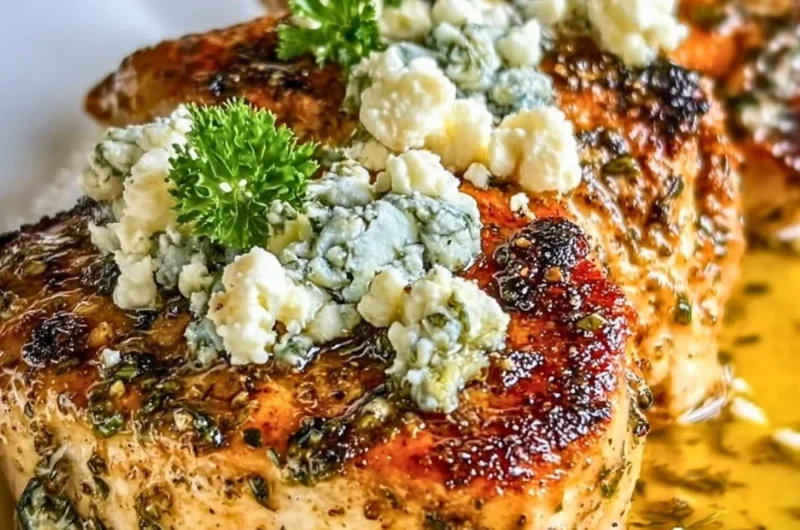 Plate of Greek chicken with lemon and feta served with herbs.
