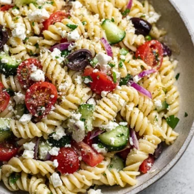 Colorful Greek Pasta Salad with olives, feta, and fresh vegetables