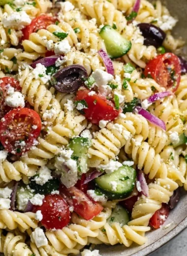Colorful Greek Pasta Salad with olives, feta, and fresh vegetables