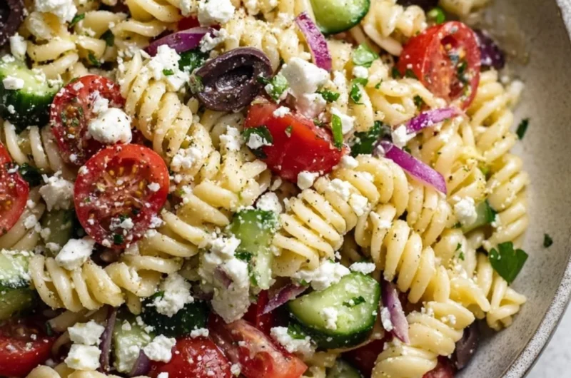 Colorful Greek Pasta Salad with olives, feta, and fresh vegetables