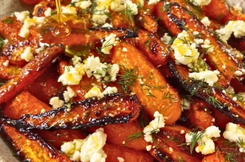 Honey garlic roasted carrots topped with crumbled feta cheese