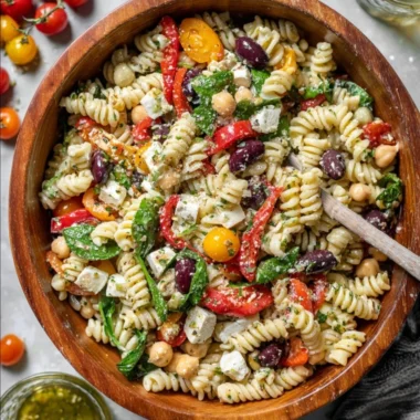 Colorful Italian pasta salad with vegetables and dressing in a bowl