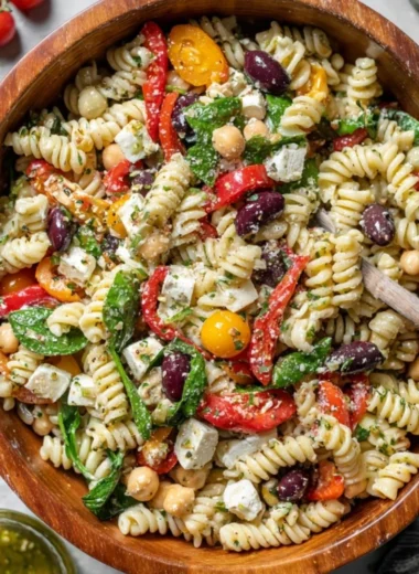 Colorful Italian pasta salad with vegetables and dressing in a bowl