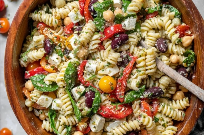 Colorful Italian pasta salad with vegetables and dressing in a bowl