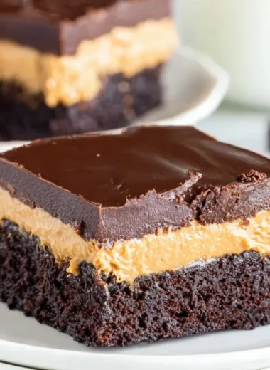 Layered peanut butter brownies topped with chocolate drizzle