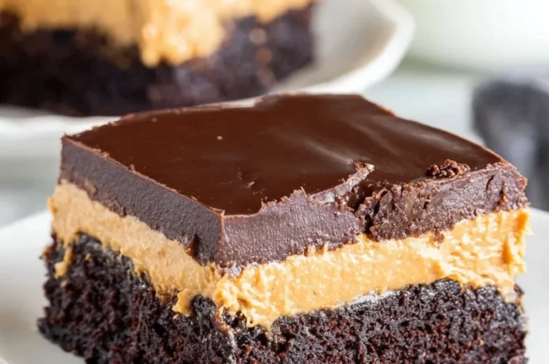 Layered peanut butter brownies topped with chocolate drizzle
